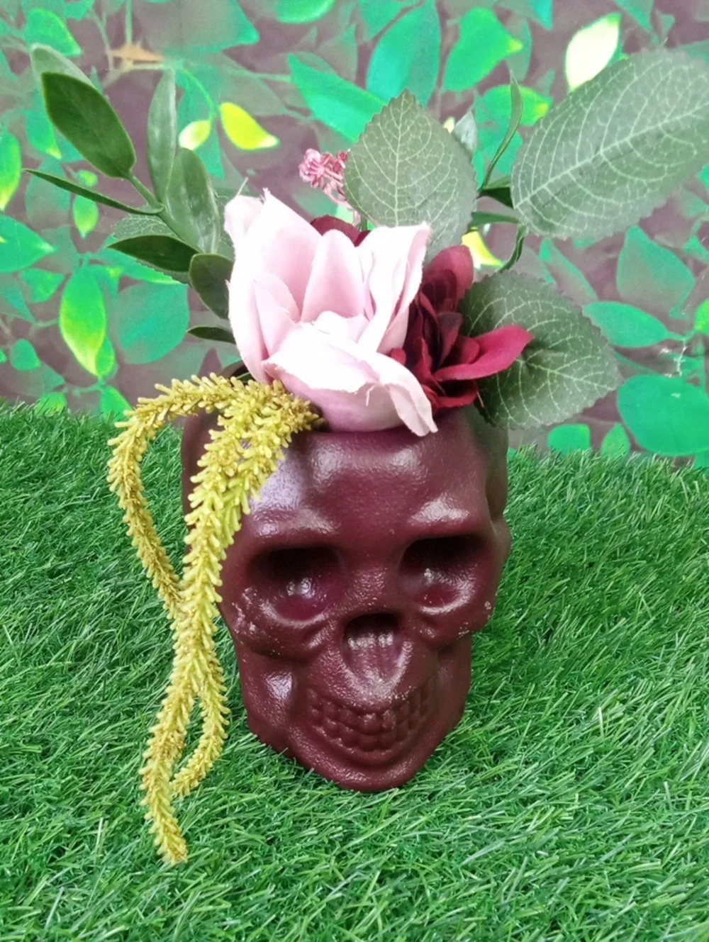 👻 Halloween Decorative Burgundy Skull Vase with Pink Floral Accents